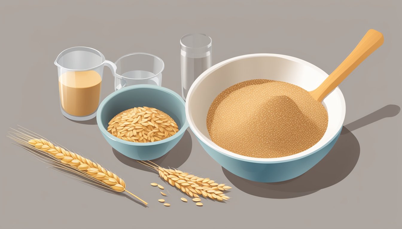 A bowl of wheat bran next to a bowl of oat bran, with a measuring cup pouring wheat bran into a mixing bowl