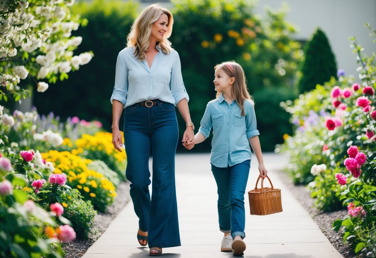 A mother and daughter walk side by side, surrounded by blooming flowers and lush greenery. The setting exudes a sense of independence and non-traditional choices