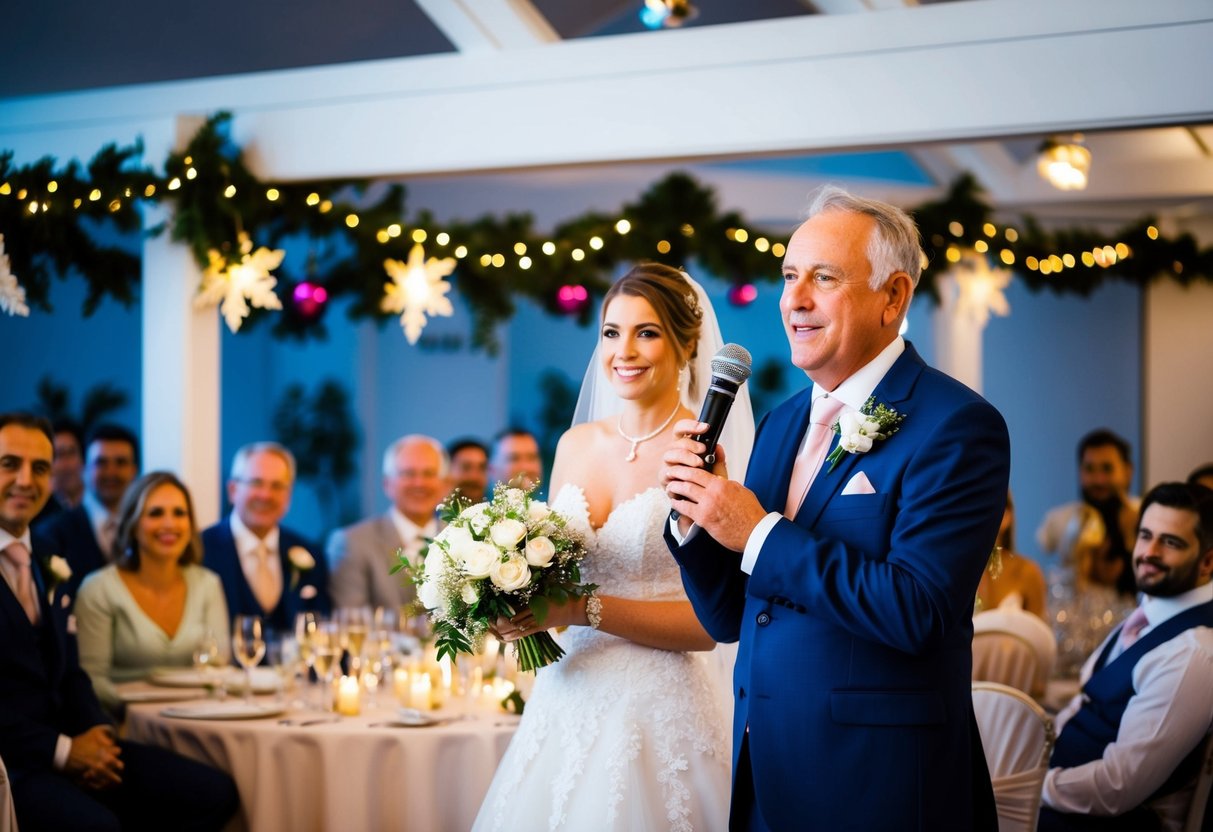 Father of the bride stands at a microphone, surrounded by guests and festive decorations, delivering a heartfelt speech
