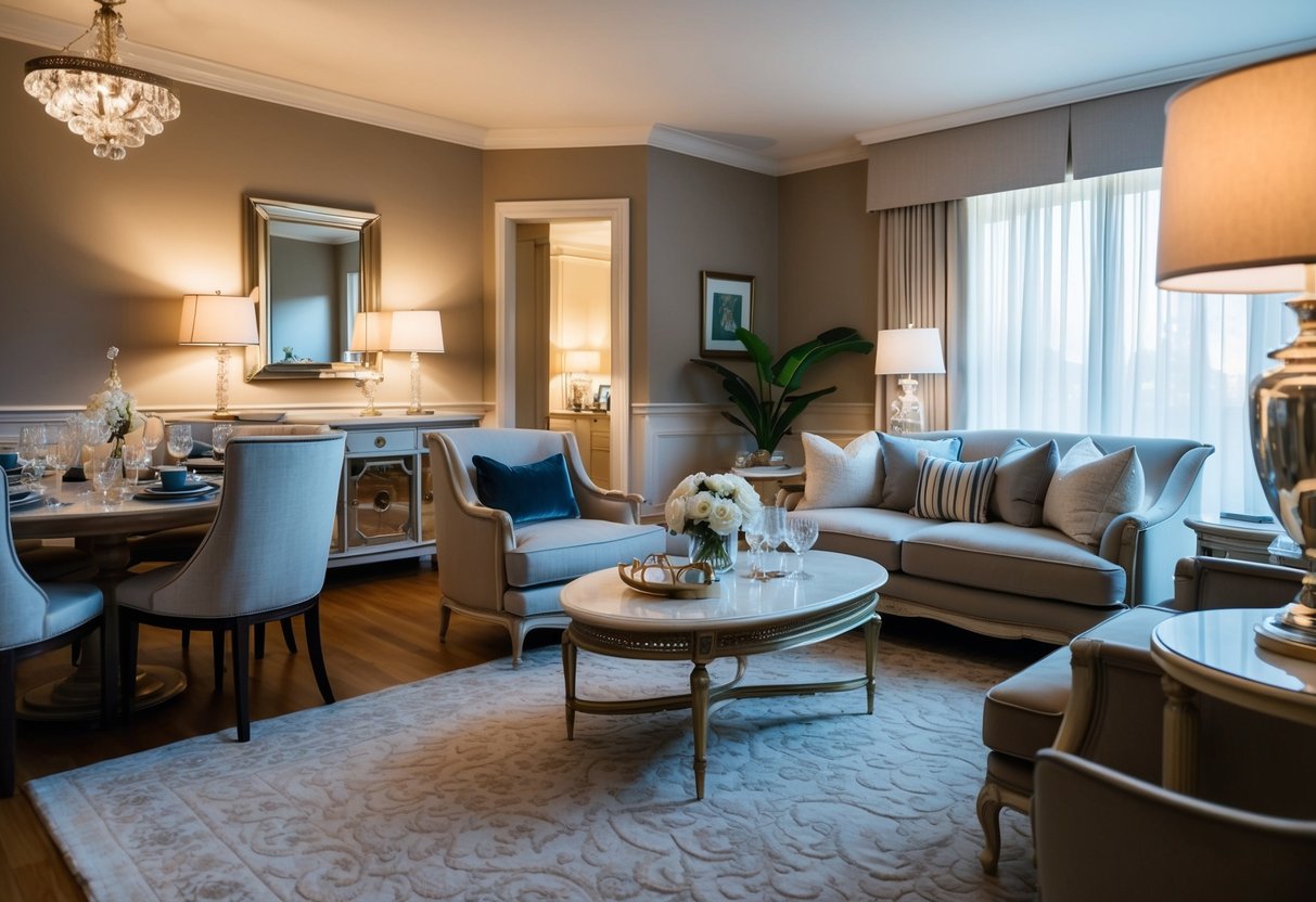 A cozy living room with a plush sofa, elegant coffee table, and stylish lamps. A dining area with a beautiful table and chairs, adorned with chic dinnerware and glassware