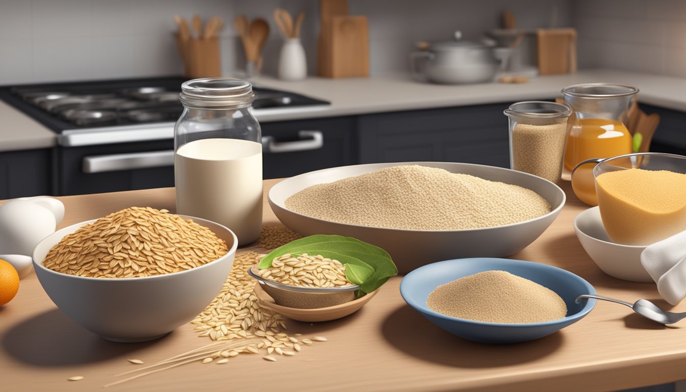 A bowl of oat bran is being replaced with a bowl of wheat bran on a kitchen counter, surrounded by various healthy food items and cooking utensils