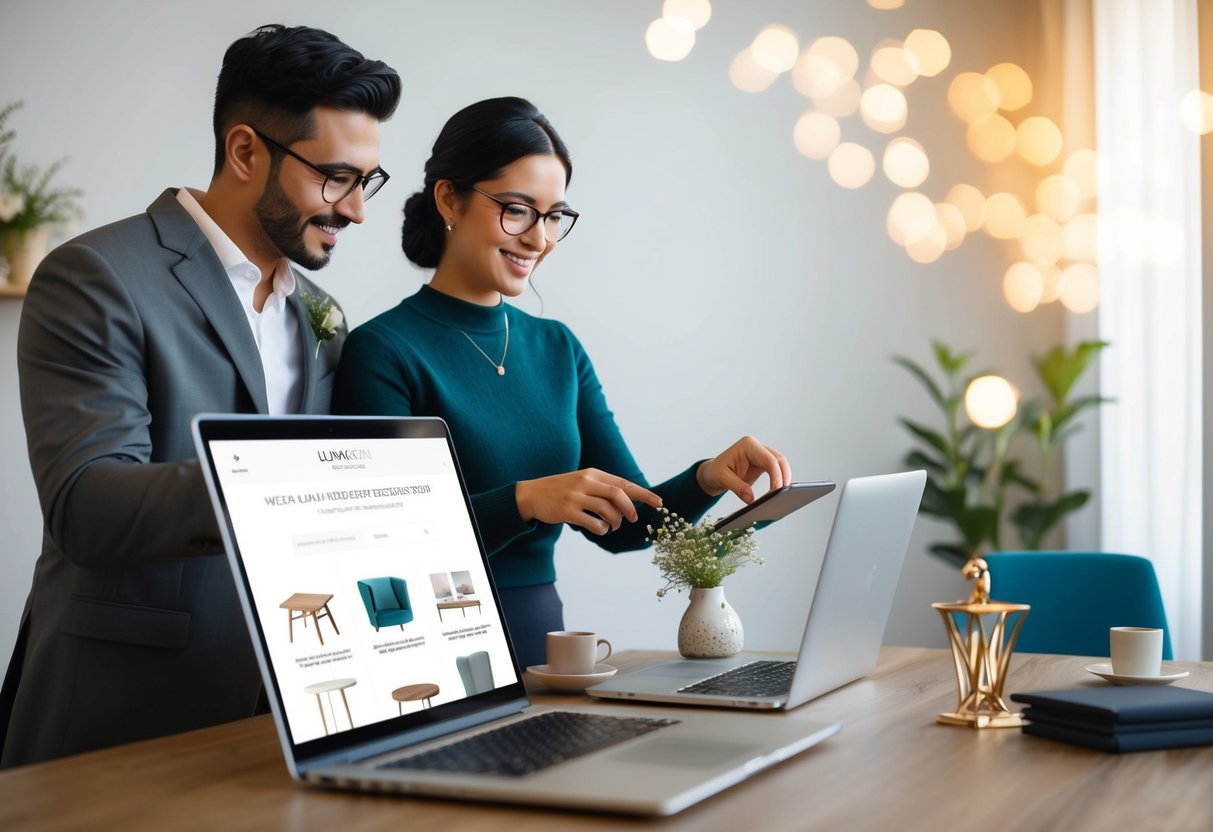 A couple browsing a wedding registry website, selecting modern furniture and experience gifts to add to their list
