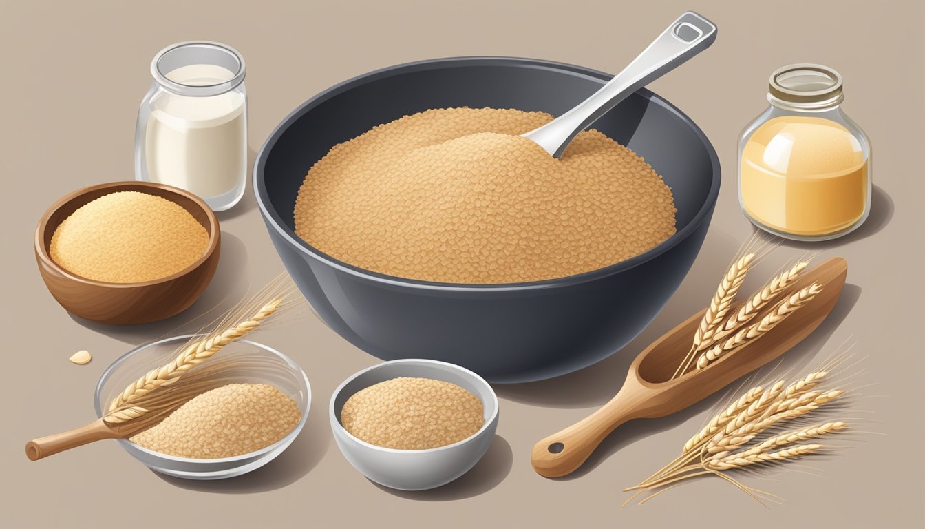 A kitchen counter with a bowl of wheat bran next to a bowl of oat bran, with various baking ingredients and measuring utensils scattered around