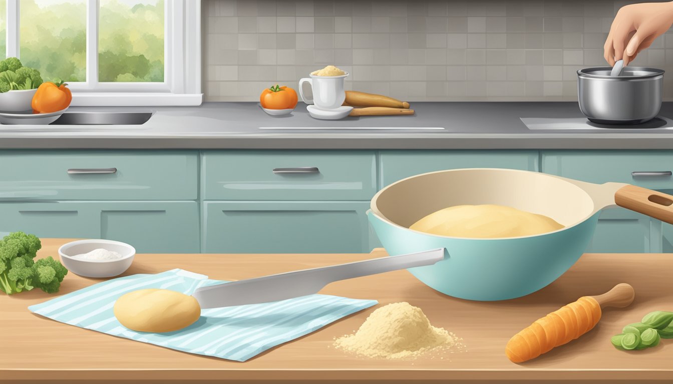 A kitchen counter with a bowl of vegetable shortening, a measuring spoon, and a pastry dough being rolled out with a rolling pin