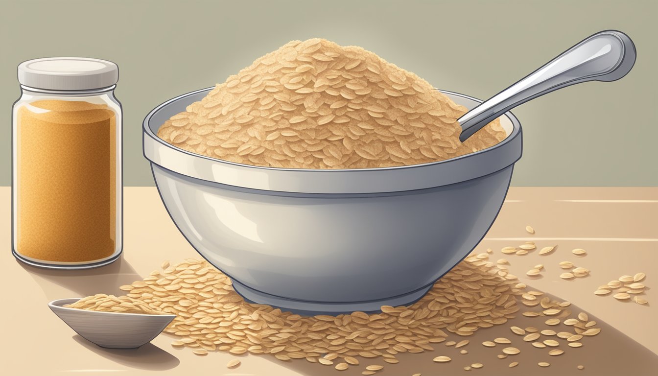 A bowl of oat bran being replaced with wheat bran in a recipe, with a measuring spoon and a bag of wheat bran nearby