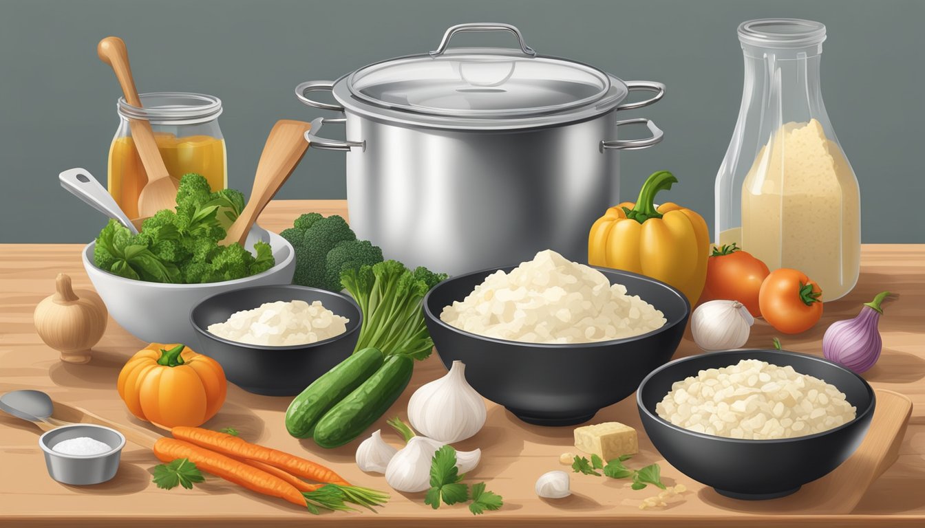 A kitchen counter with a bowl of vegetable shortening and a bowl of lard, surrounded by various ingredients and measuring tools