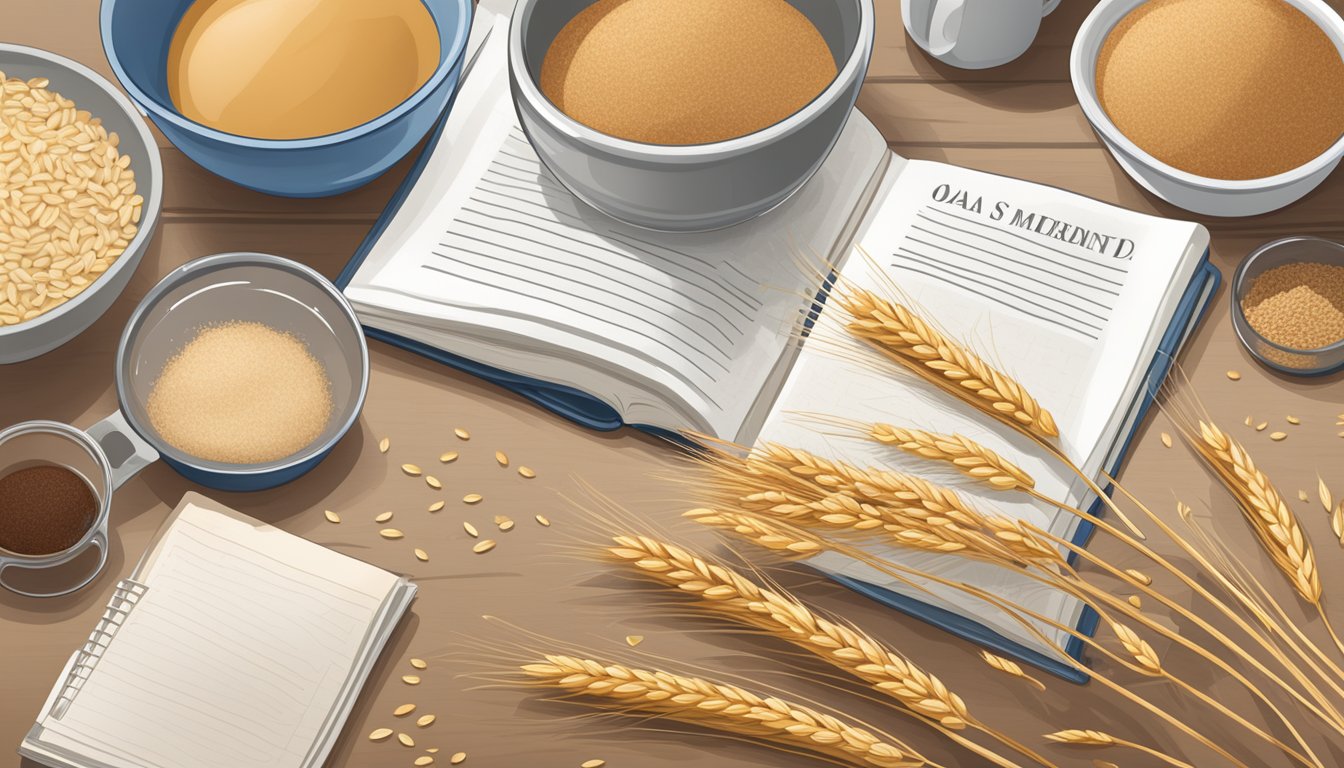 A kitchen counter with a bowl of wheat bran next to a bag of oat bran, a measuring cup, and a recipe book open to a page on substituting ingredients