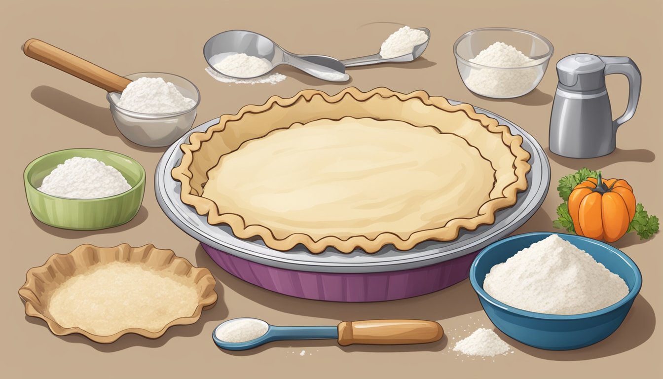 A pie crust recipe with a bowl of vegetable shortening and a measuring spoon, surrounded by flour and a rolling pin