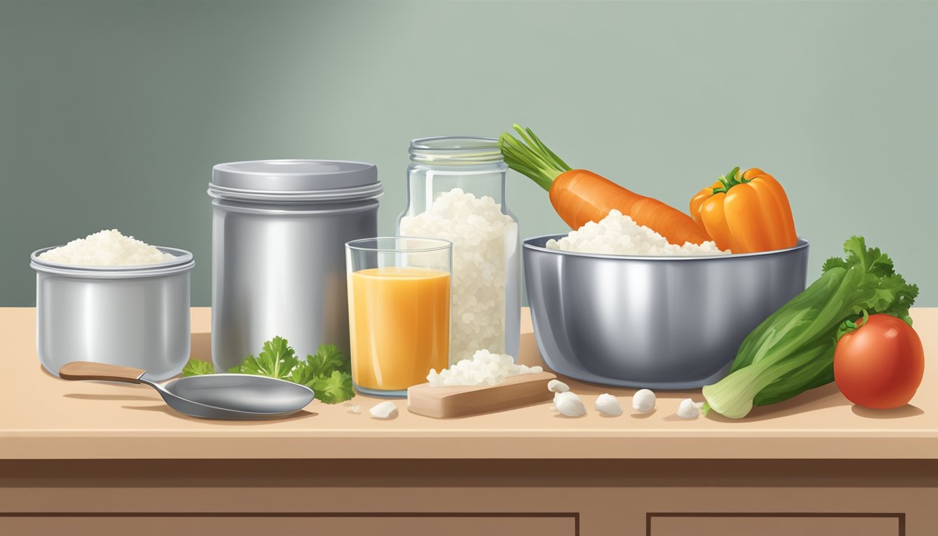 A kitchen counter with a tub of vegetable shortening next to a block of lard, a measuring cup, and a spoon