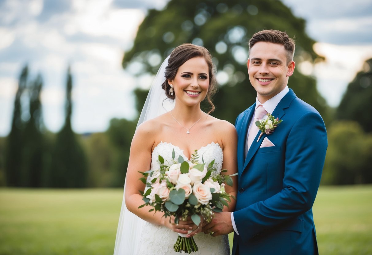 The bride's brother stands beside her, holding a bouquet and smiling