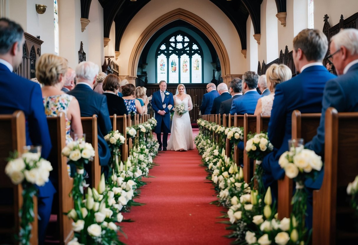 A flower-lined aisle in a traditional UK church, with guests seated on either side, as the mother of the bride walks down