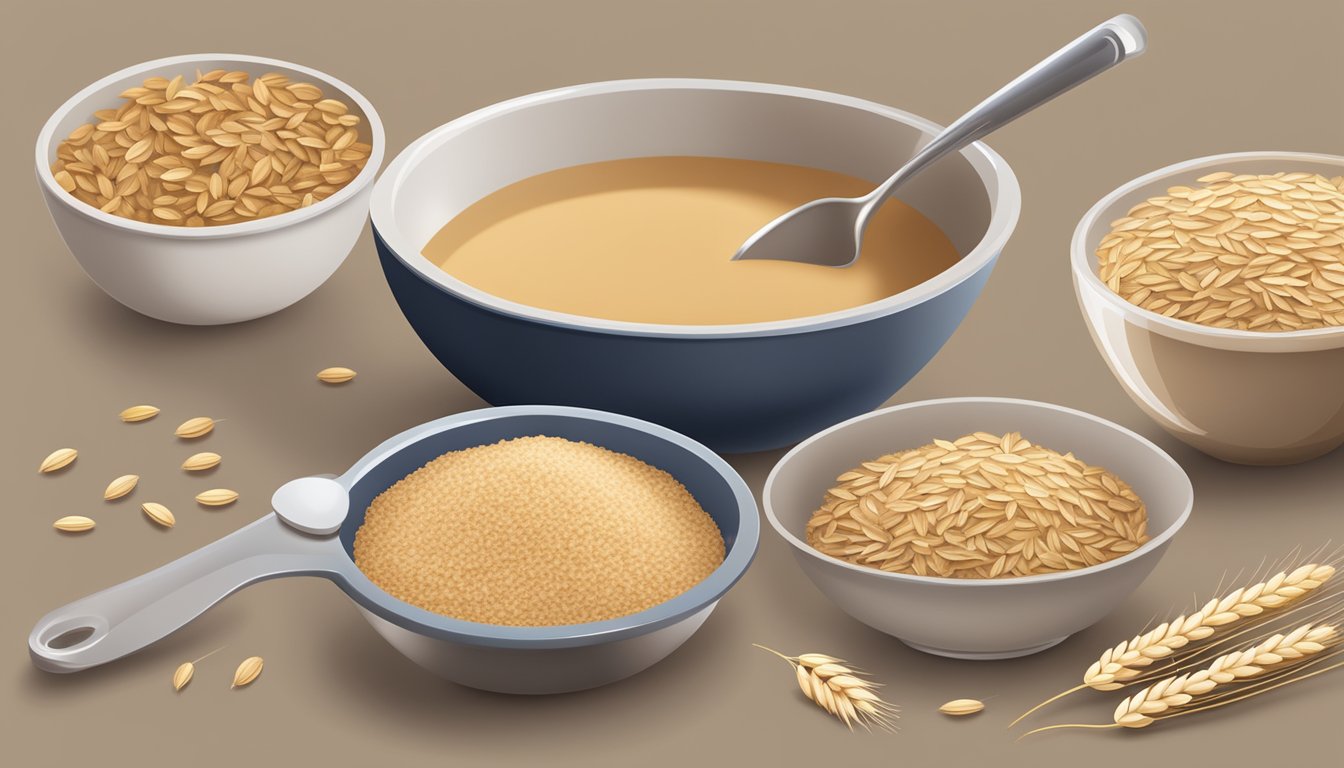 A bowl of wheat bran sits next to a bowl of oat bran, with a measuring cup pouring wheat bran into a mixing bowl