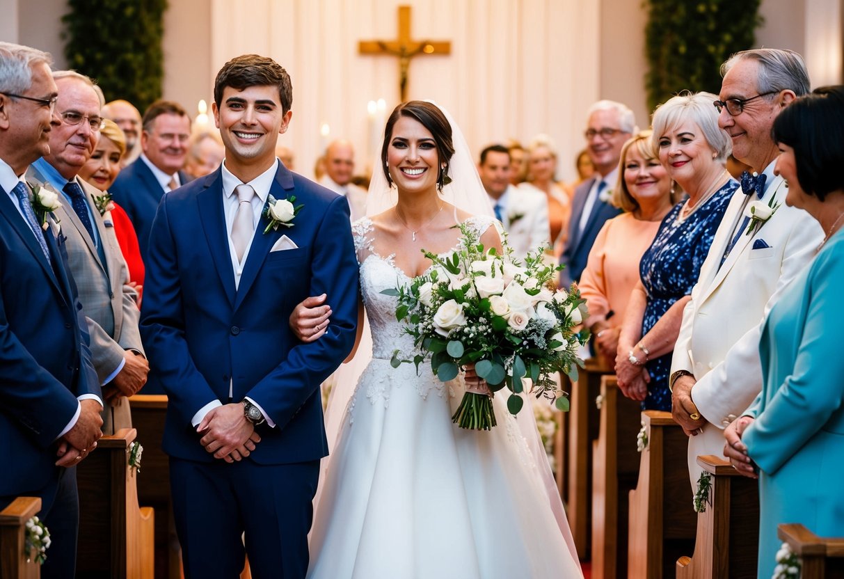 A bride and her brother stand side by side at the altar, surrounded by their family, smiling and supporting each other during the wedding ceremony
