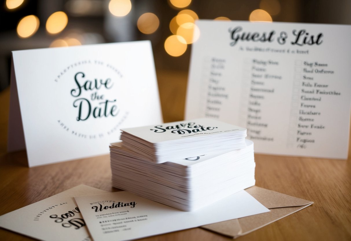 A stack of save the date cards on a table, with a wedding invitation and a guest list in the background