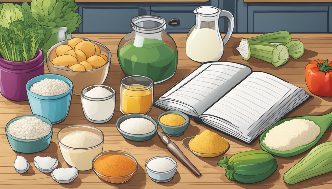 A kitchen counter with ingredients (flour, vegetable shortening, lard) and measuring tools. A recipe book open to a page on adjusting for dietary needs