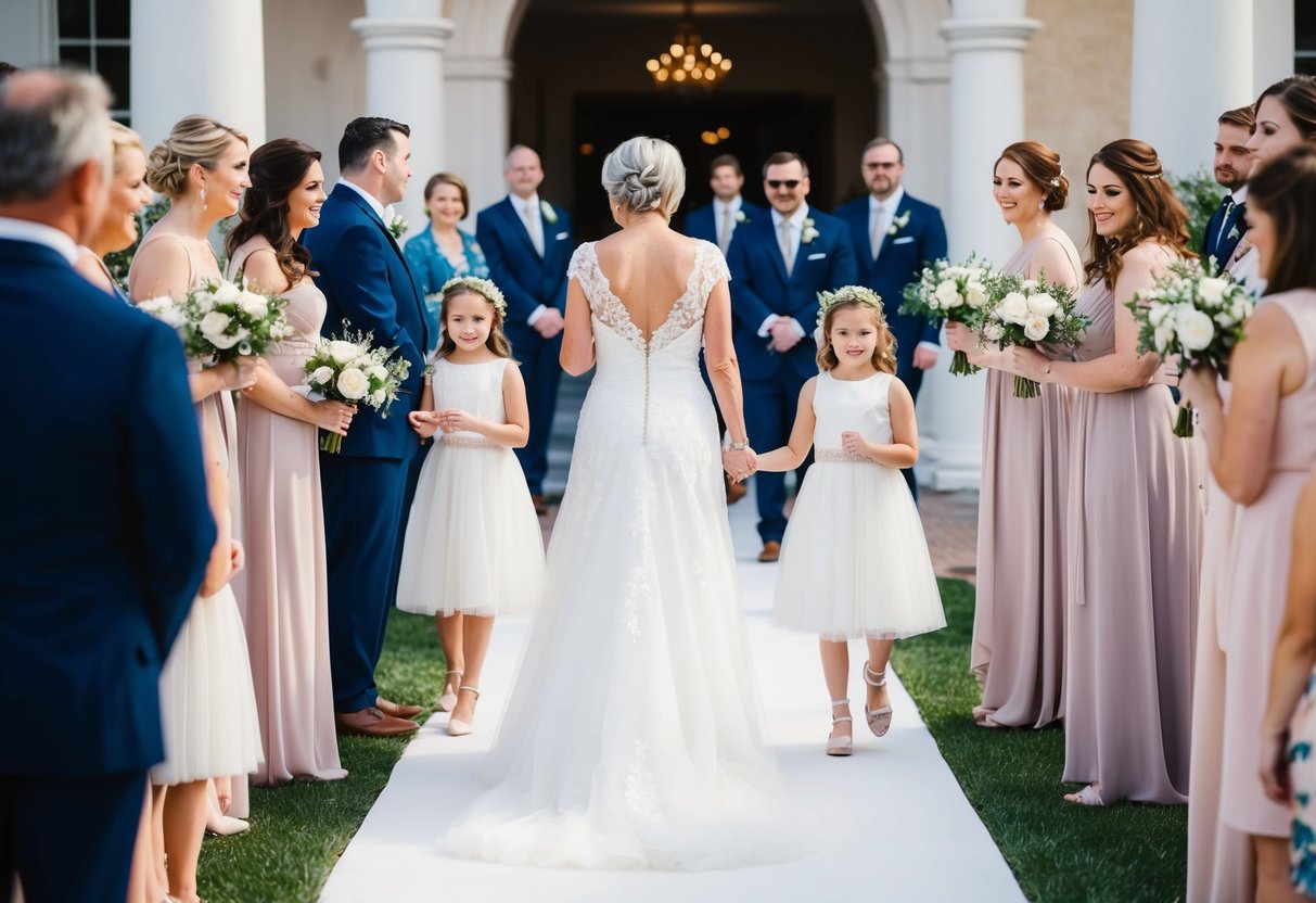 The mother of the bride walks down the aisle, followed by the bridesmaids and flower girls, leading up to the bride's grand entrance