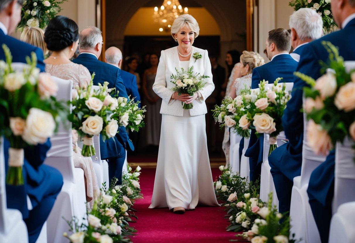 A mother of the bride walks down the aisle in a traditional UK wedding setting, surrounded by floral decorations and elegant seating