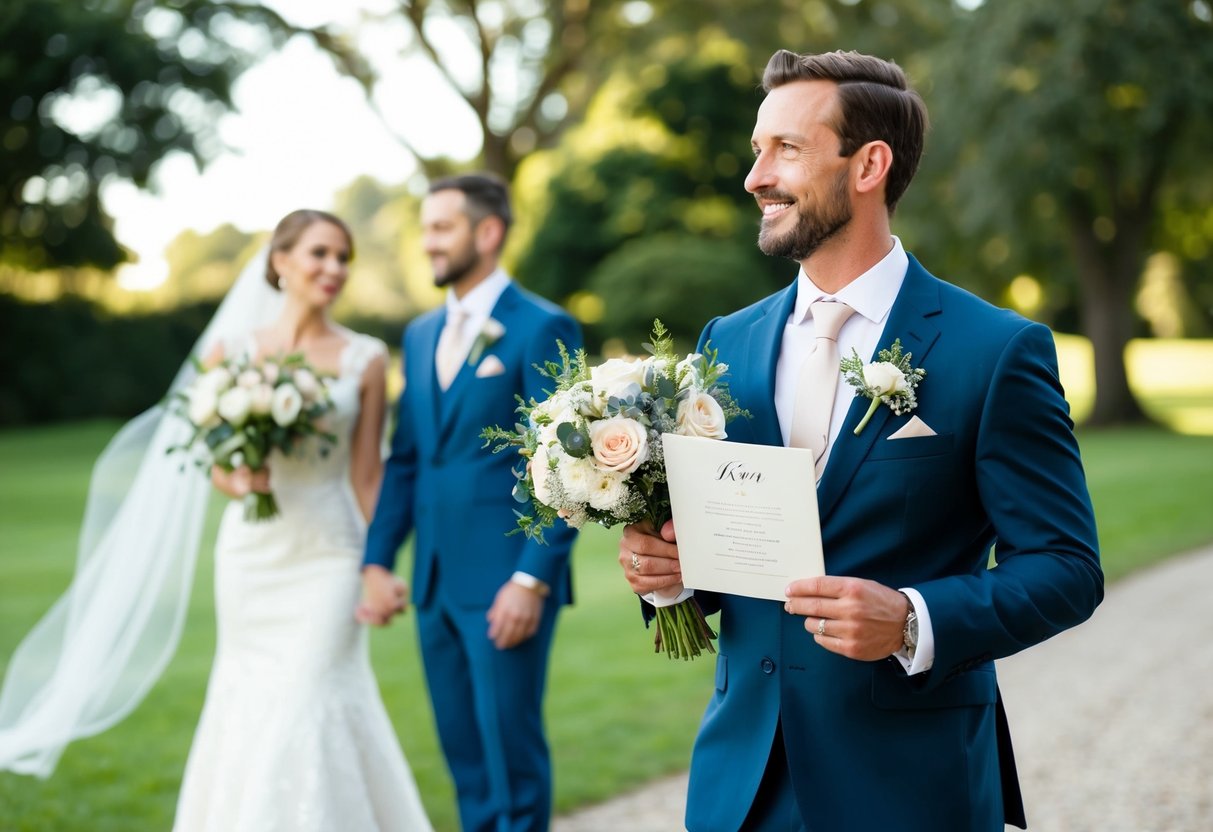 A man holding a bouquet of flowers and a wedding program, standing next to the bride and groom