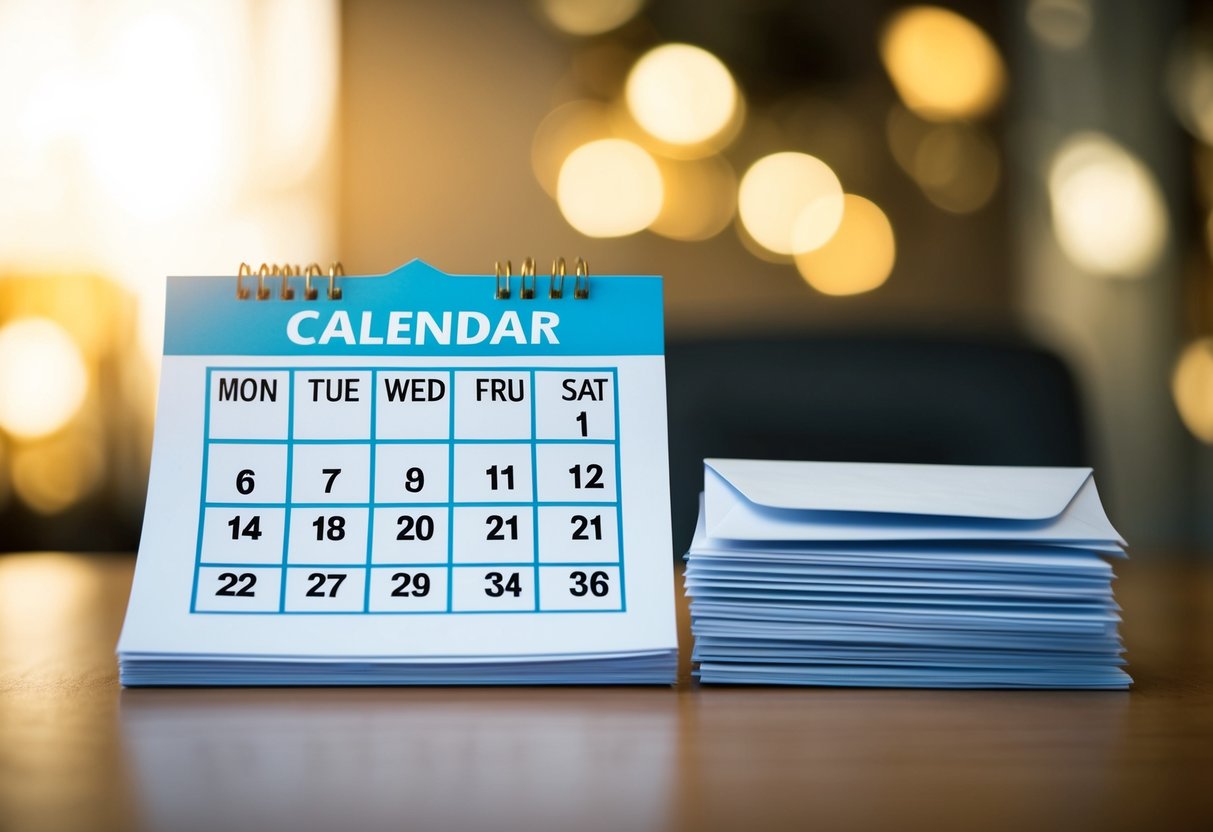 A calendar with marked dates, arrows pointing to specific days, and a stack of envelopes