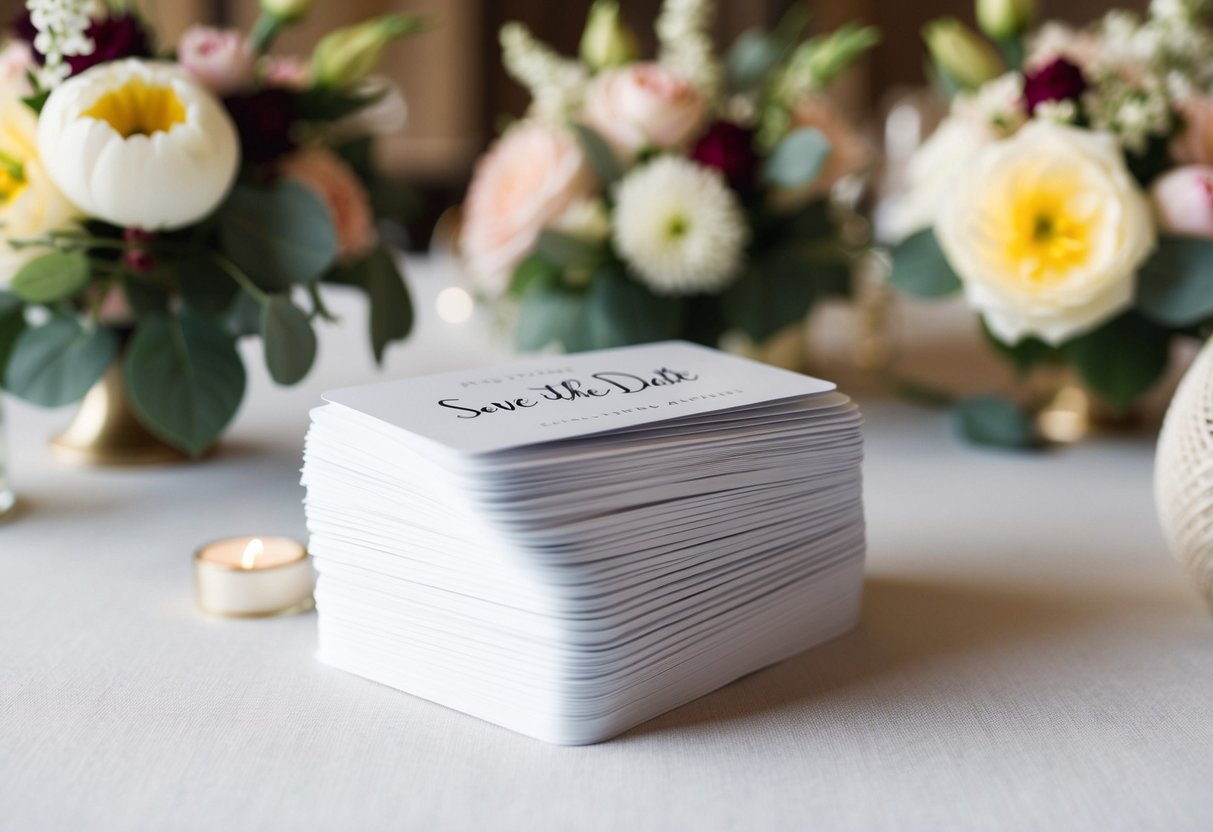 A pile of save the date cards on a table, surrounded by floral arrangements and wedding decorations