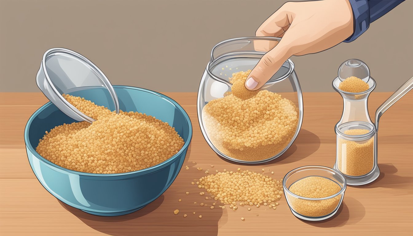 A hand pouring wheat germ from a glass jar into a measuring cup, next to a bowl of breadcrumbs