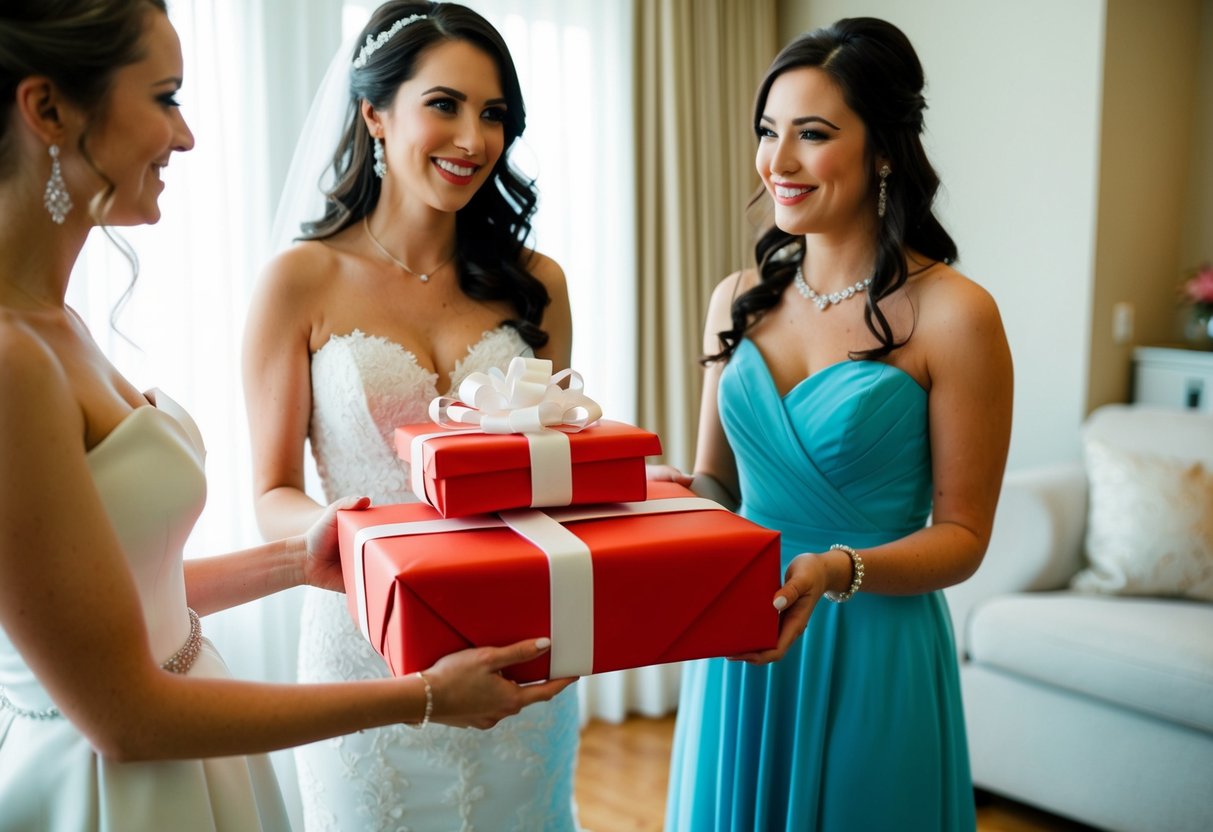 A bride presents a wrapped gift to the maid of honor