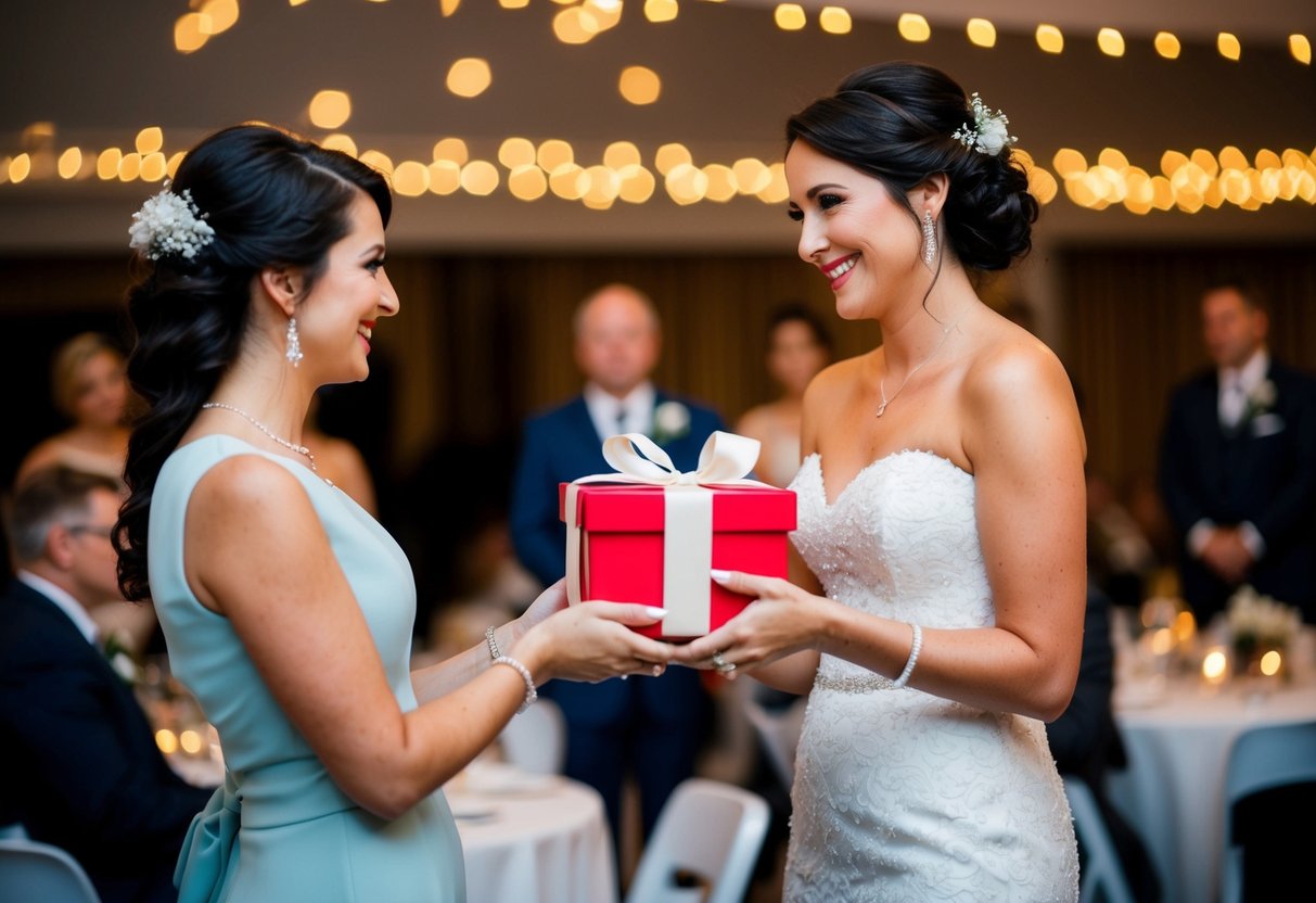 The bride presents a gift to the maid of honor during the wedding rehearsal dinner