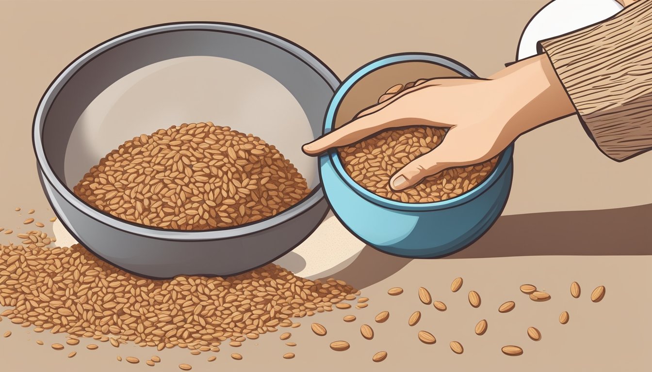 A hand reaching for a container of ground flaxseed next to a bowl of almond flour and a pile of whole grain oats