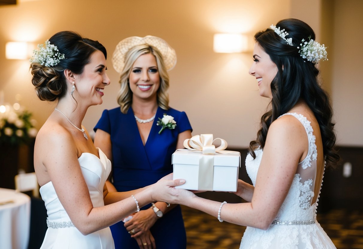 A bride presents a gift to her maid of honor, both standing in a wedding venue with floral decorations