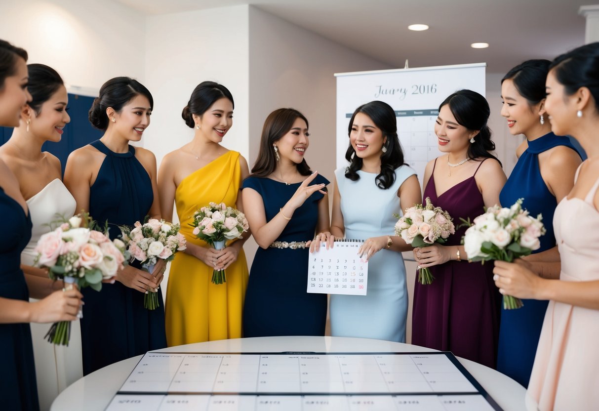 A group of women in elegant dresses holding floral bouquets, gathered around a calendar or invitation, with one woman gesturing and asking for their input