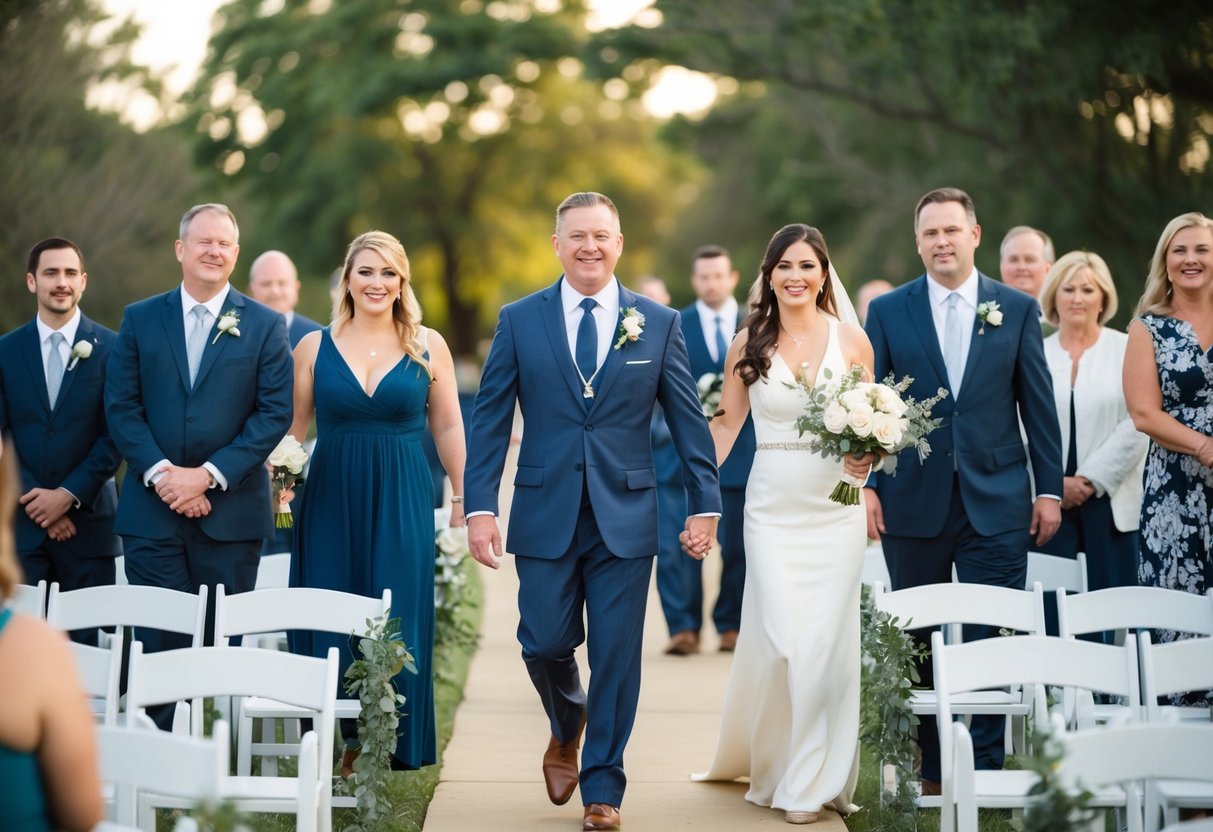 People walk down the aisle in a single file, with the first person leading the way and the others following closely behind