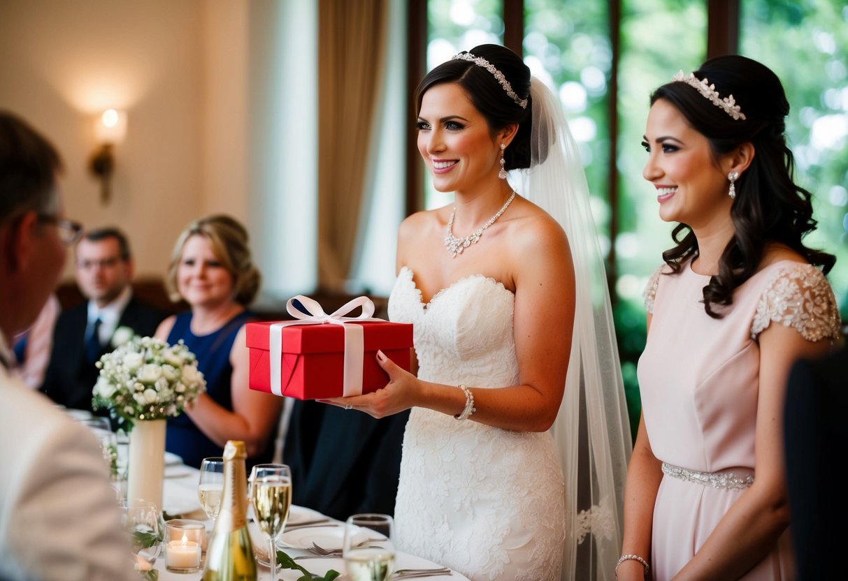 The bride presents a gift to the maid of honor at the wedding rehearsal dinner