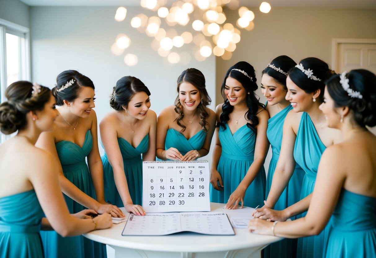 A group of bridesmaids gather around a calendar, discussing dates and plans for the upcoming wedding