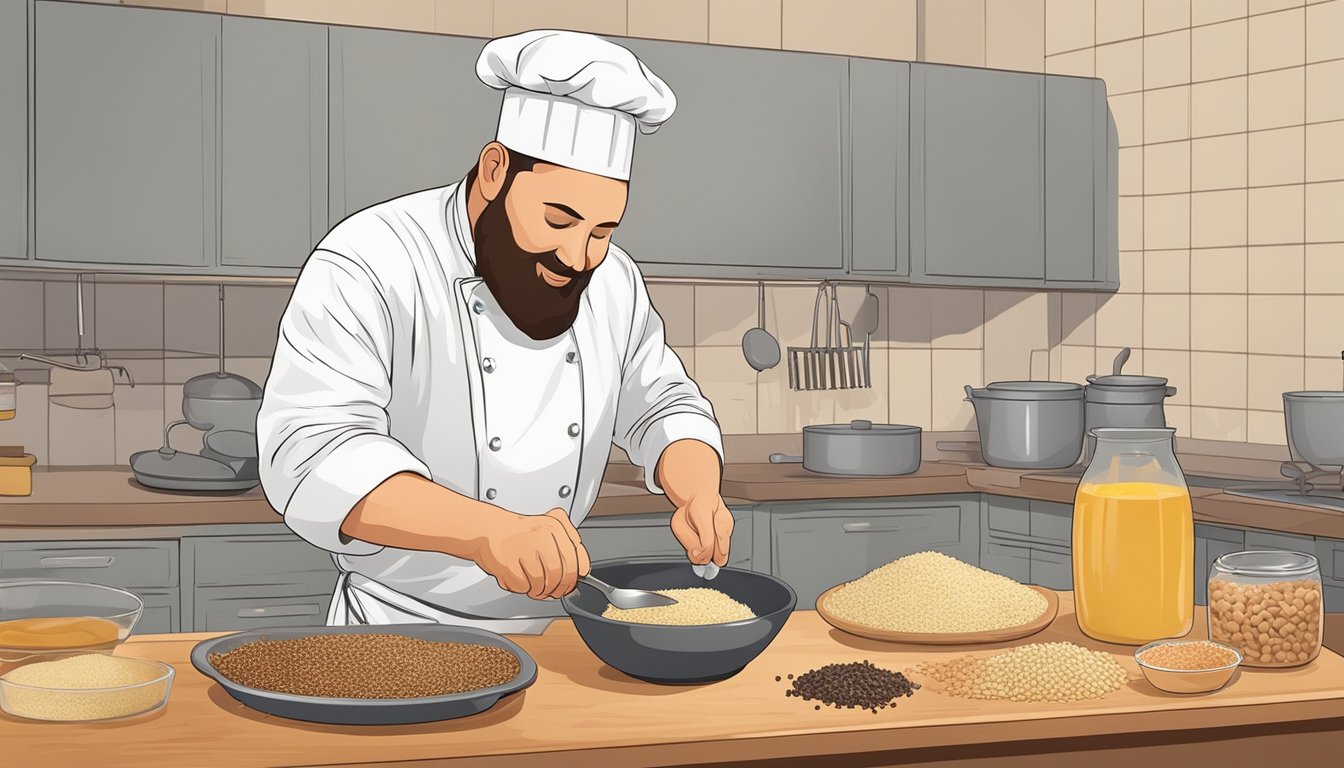 A chef pours wheat germ into a bowl of meat, spices, and eggs, replacing breadcrumbs in a recipe