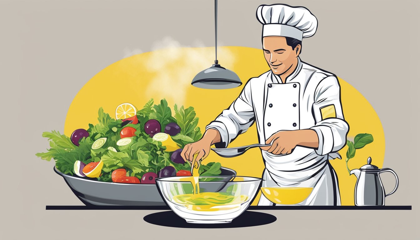 A chef pouring verjus into a bowl of salad, replacing lemon juice