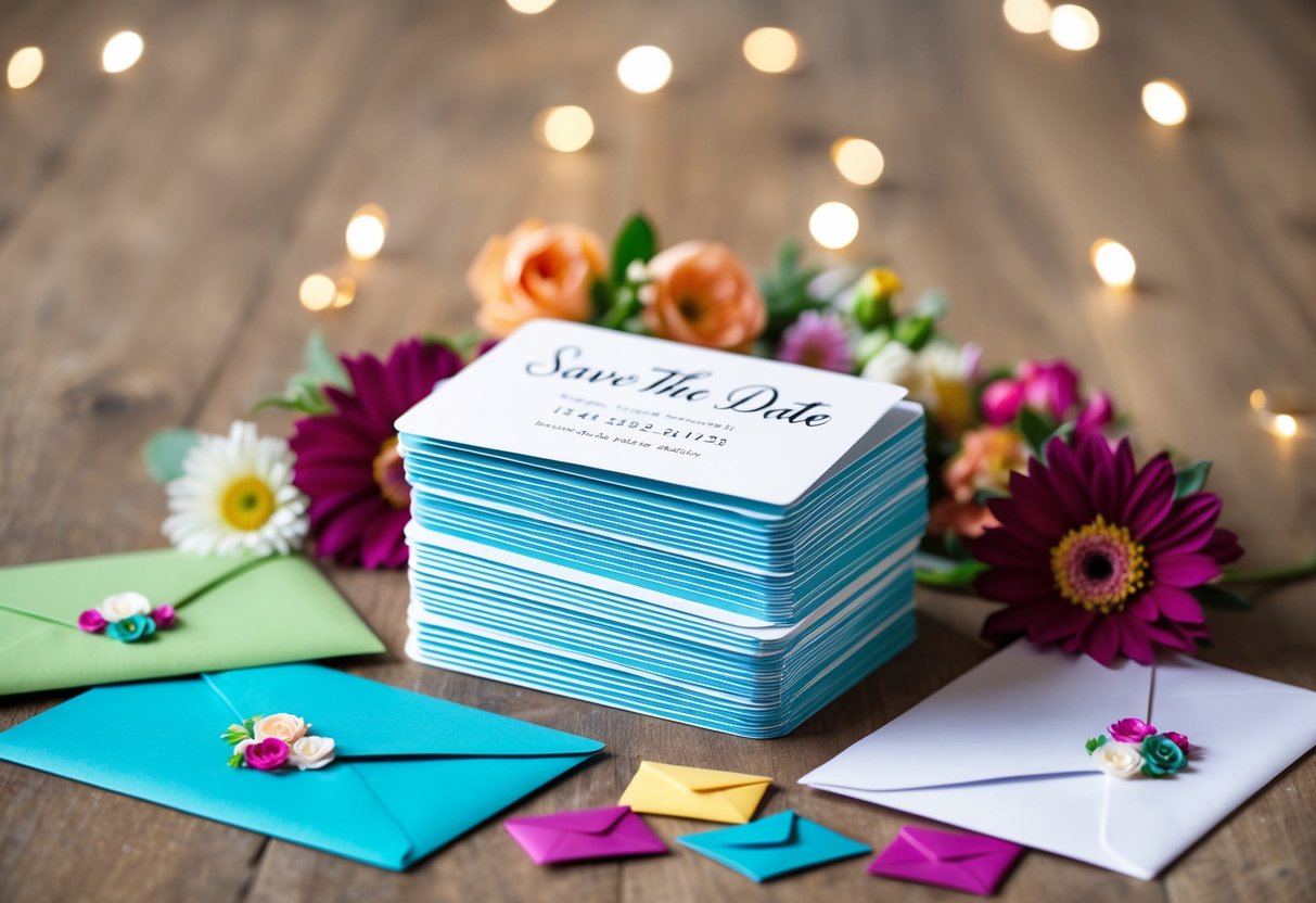 A stack of save-the-date cards surrounded by colorful envelopes and floral decorations