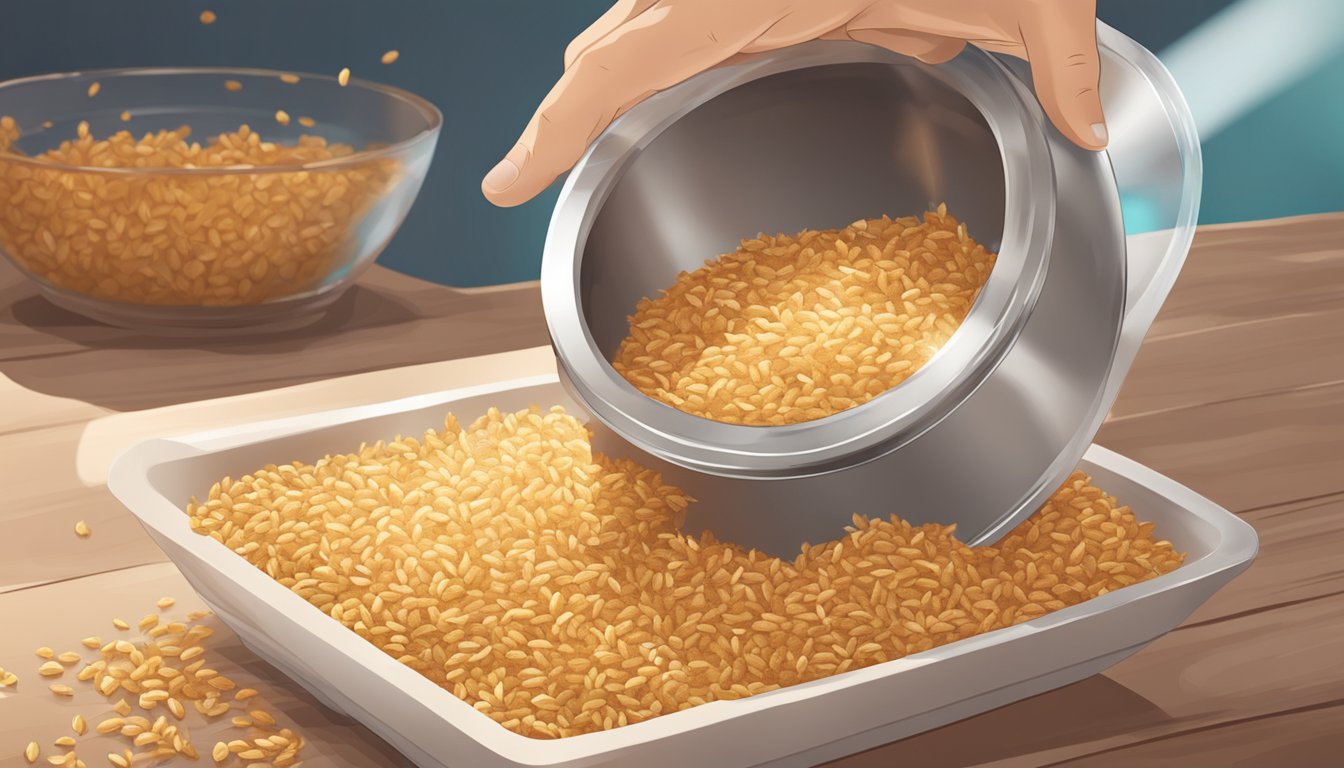 A hand pouring wheat germ from a container into a bowl of food, with breadcrumbs in the background