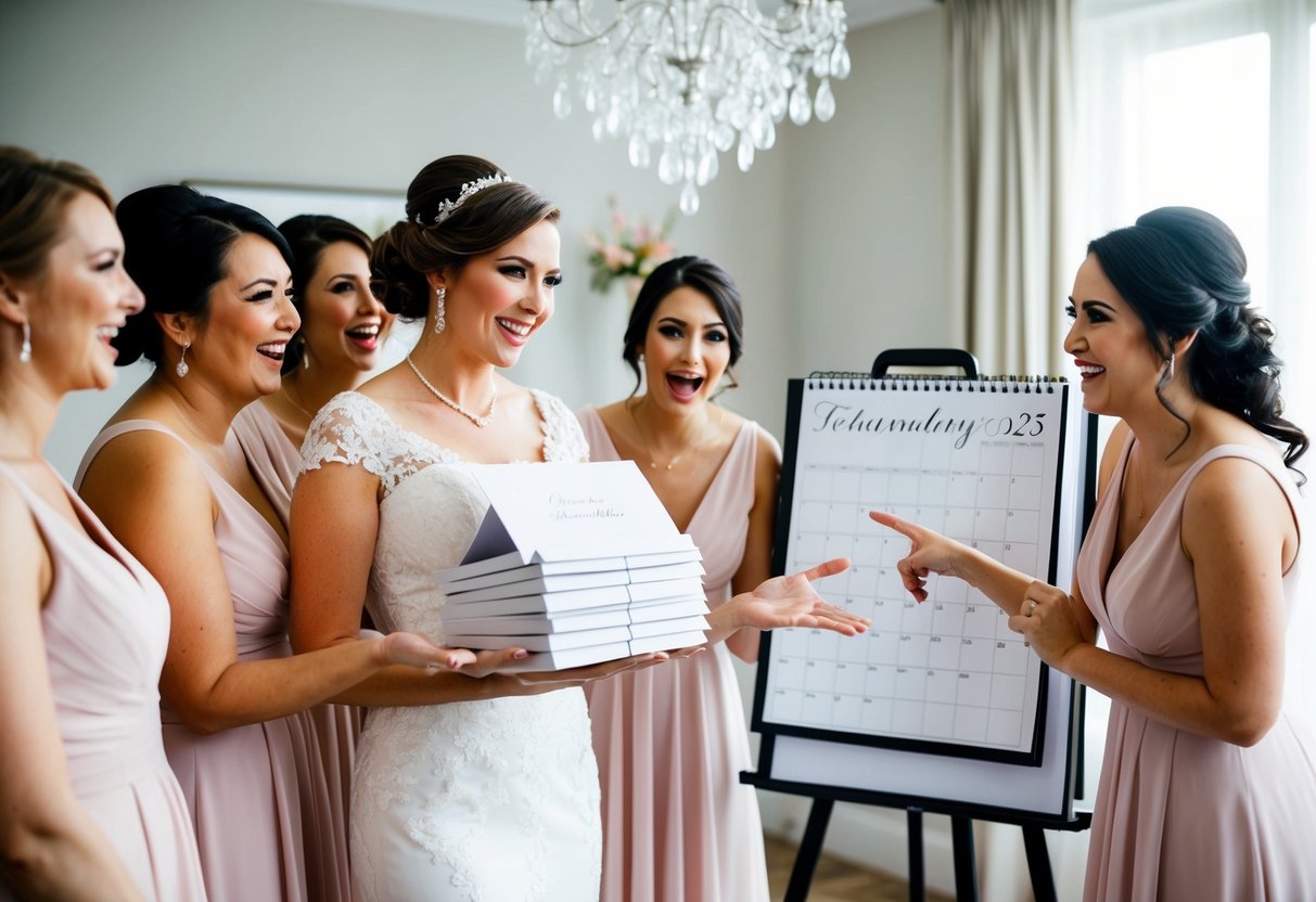 A bride holds a stack of elegant invitations, surrounded by her excited bridesmaids. She gestures toward the calendar, discussing the upcoming wedding date