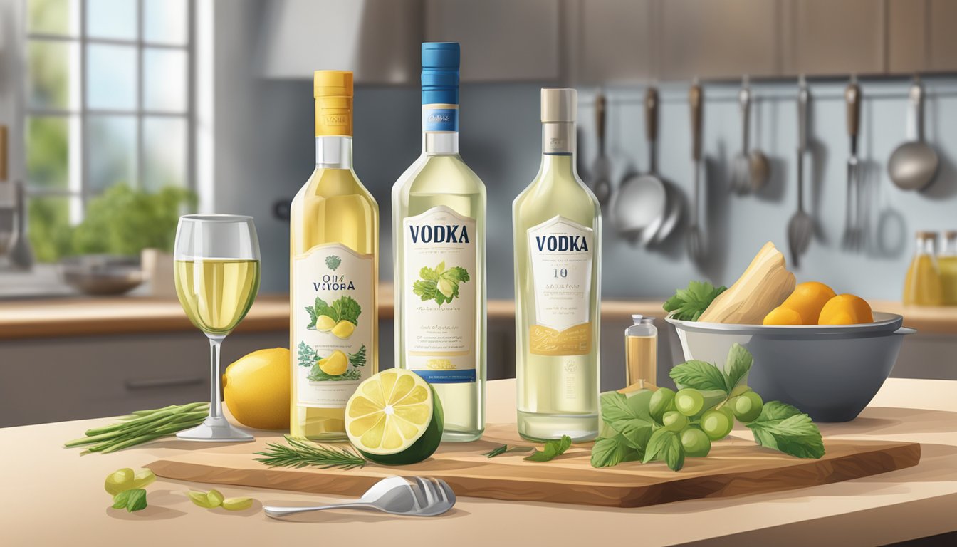 A bottle of vodka and a bottle of white wine sitting side by side on a kitchen counter, surrounded by various cooking ingredients and utensils