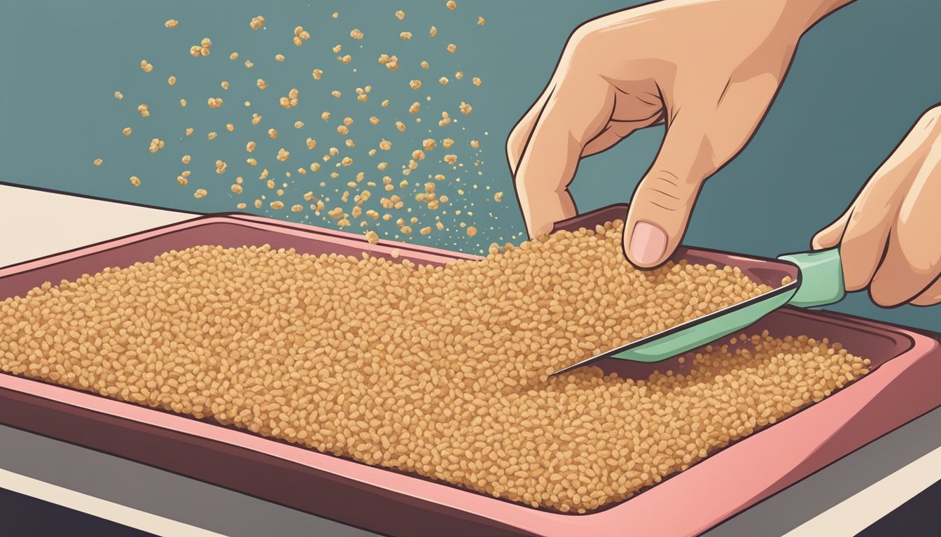 A hand sprinkling wheat germ onto a baking sheet, replacing breadcrumbs on a recipe