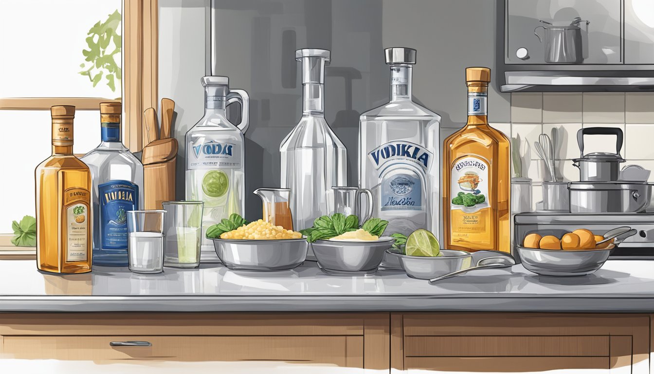 A clear glass bottle of vodka sits next to a pot on a stove, with a measuring cup of vodka being poured into the pot. On the counter, there are various cooking ingredients and utensils