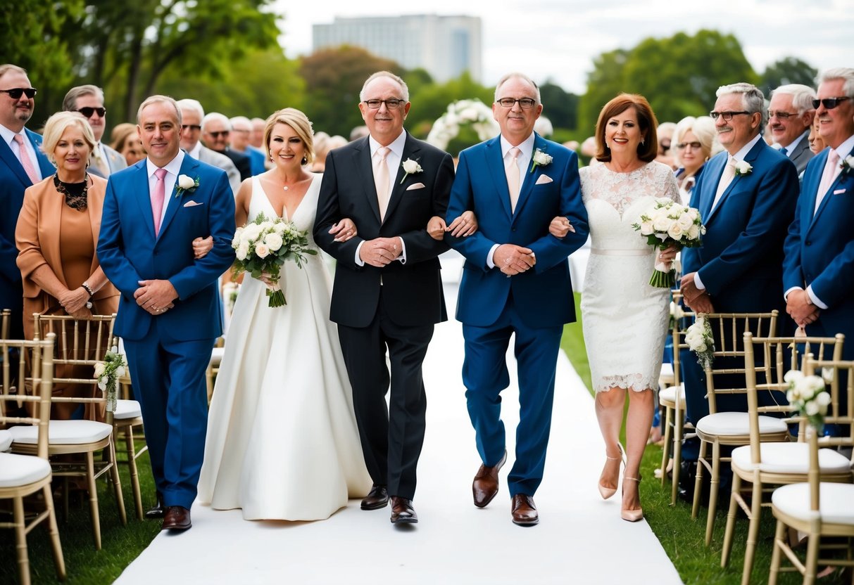 Family and honored guests walk down the aisle in order of importance, followed by the groom and best man, and finally the bride and her father
