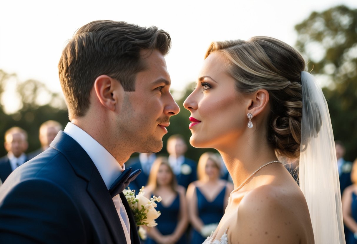 The bride's lips part as she gazes into the groom's eyes, awaiting his cue