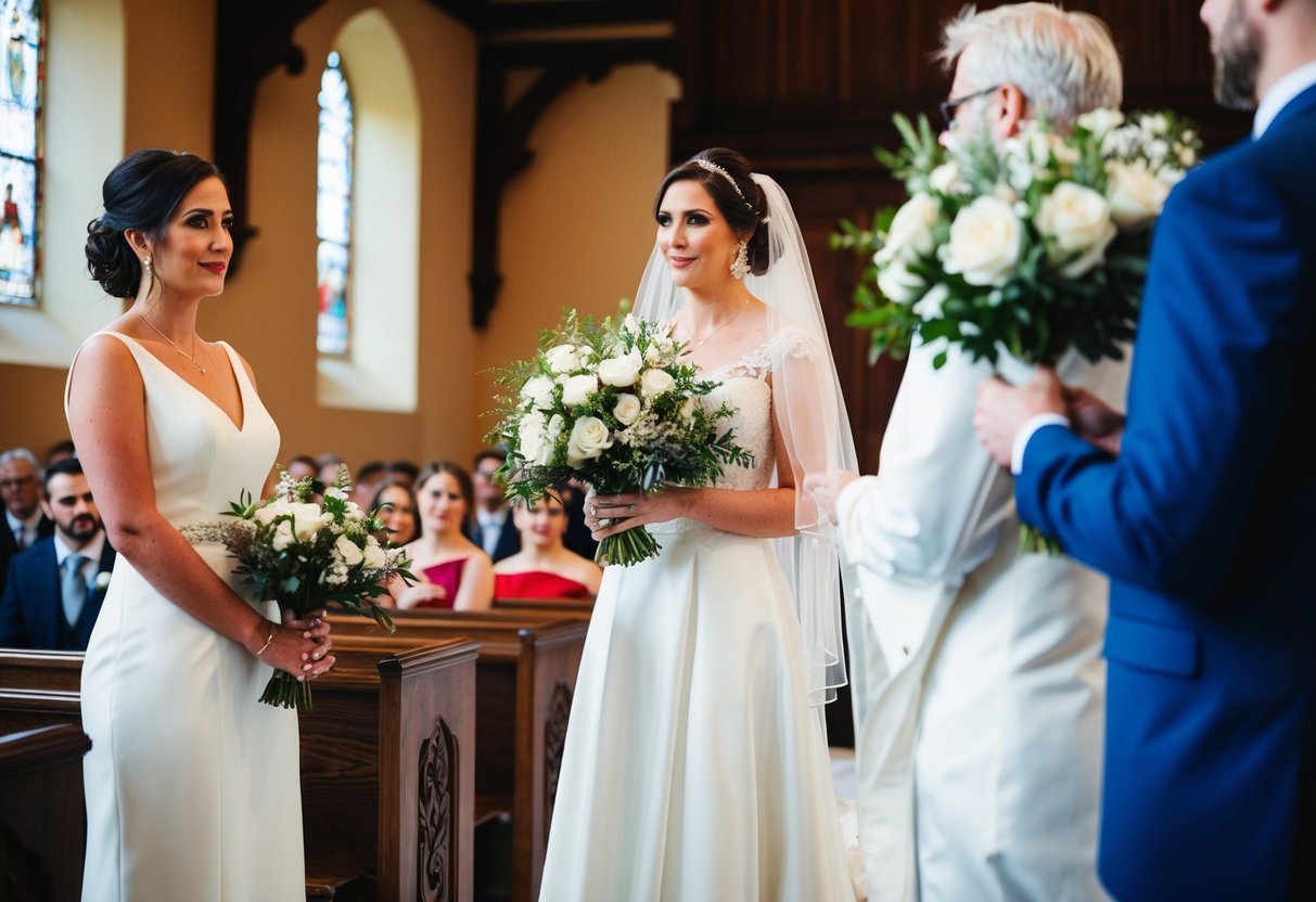 A bride stands at the altar, holding a bouquet, while her partner awaits. The setting is a traditional wedding ceremony, with a focus on the bride's anticipation