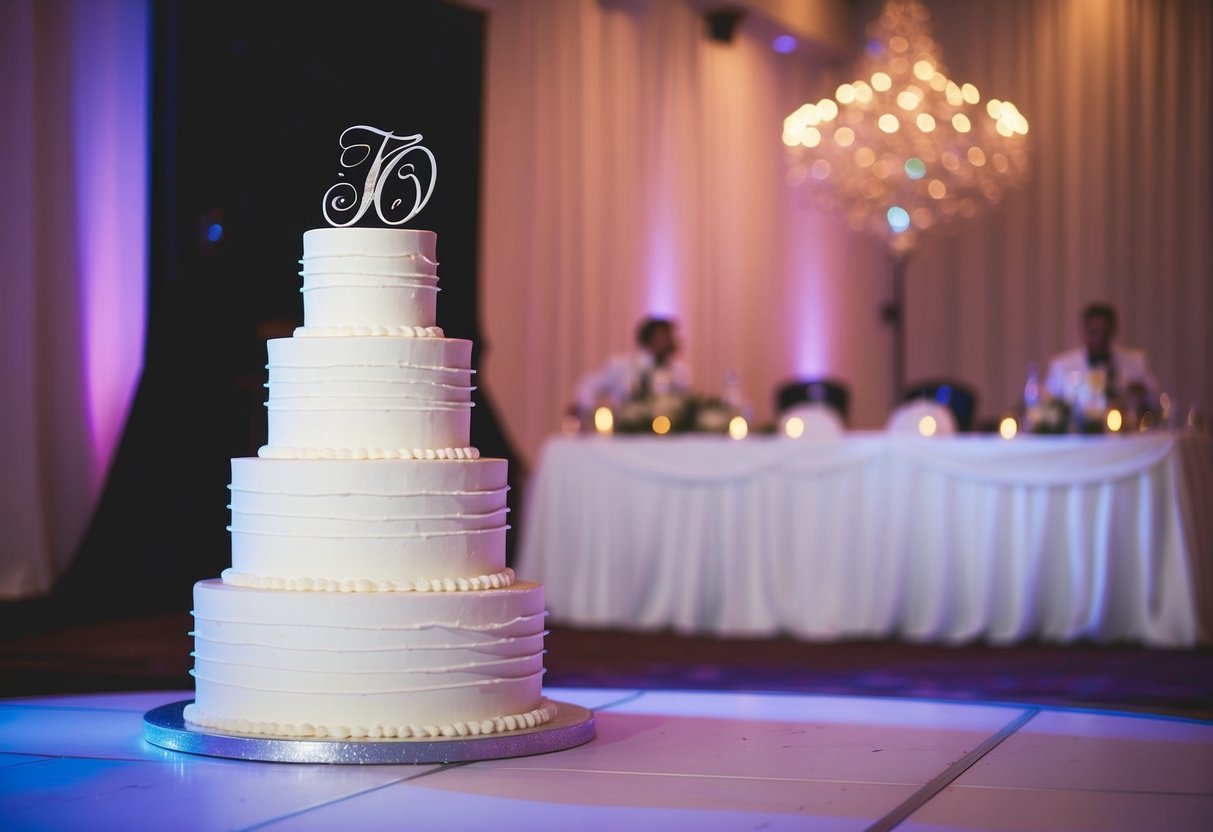 A tiered wedding cake sits untouched beside a dance floor