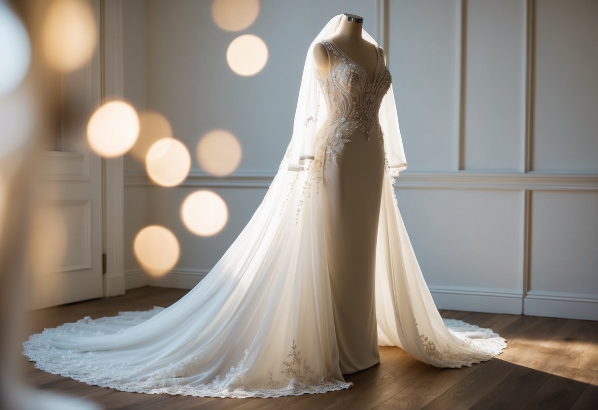A flowing, elegant wedding gown drapes over a slender mannequin, adorned with delicate lace and intricate beading. The gown is illuminated by soft, flattering lighting, creating a slimming effect