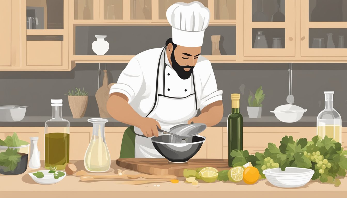 A chef pours white balsamic vinegar into a measuring cup, next to a bottle of white wine vinegar. Ingredients and utensils for cooking surround the workspace