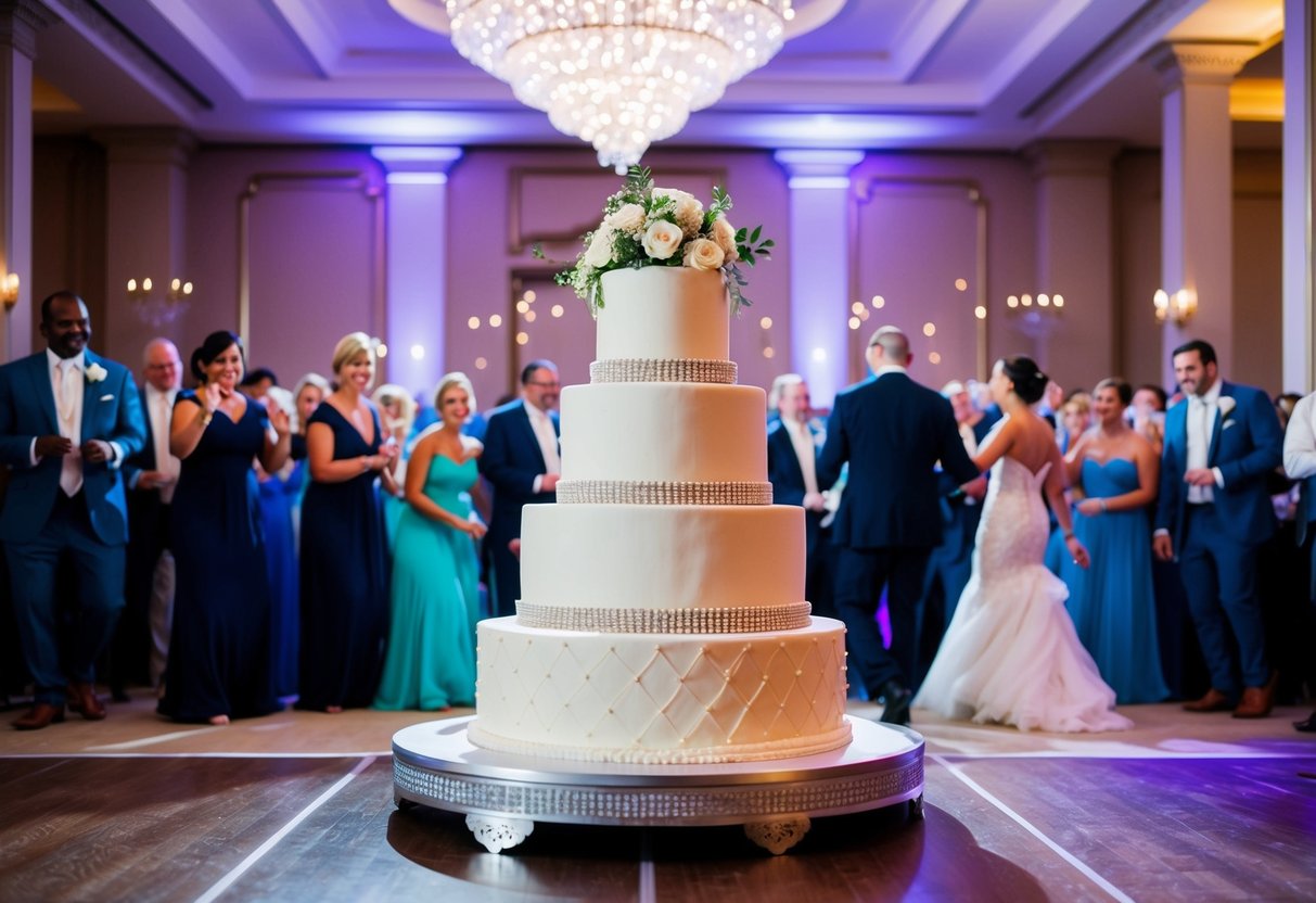 A grand entrance with a tiered wedding cake and a dance floor, guests gathered for the celebration