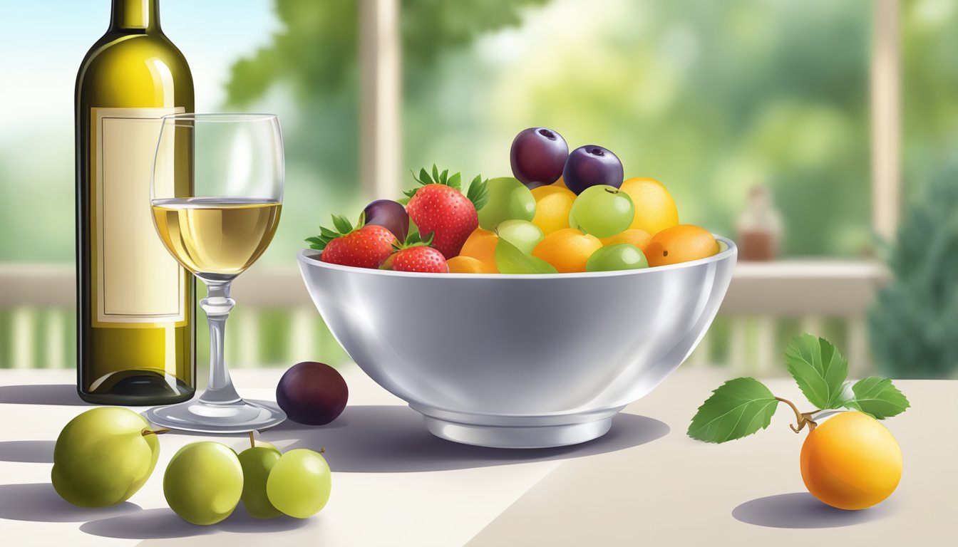 A bowl of mixed fruits with a drizzle of white balsamic vinegar, next to a bottle of white wine vinegar