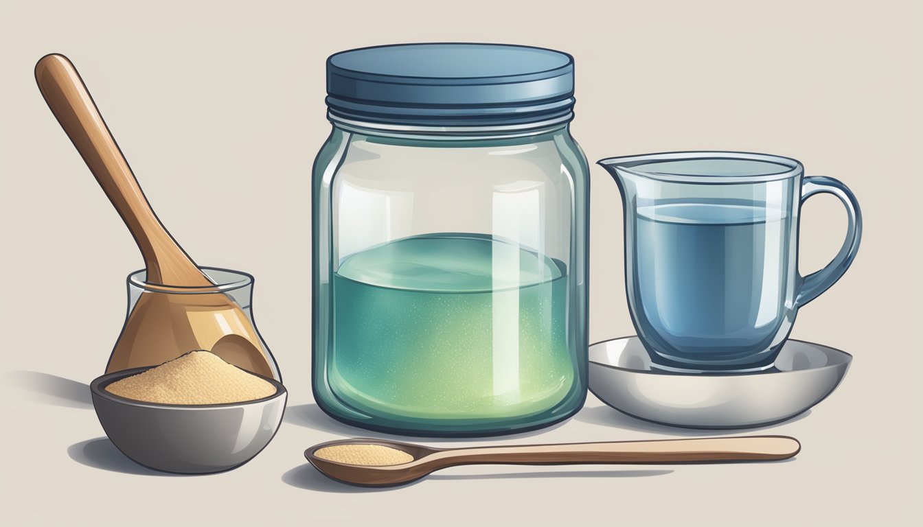 A jar of vinegar powder next to a bowl of water and a measuring spoon